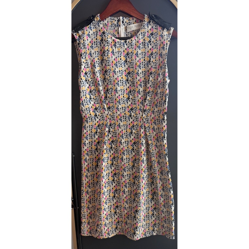 Yigal Azrouel Size 4 Geometric Print Leather Trim Silk Dress Art Deco Designer